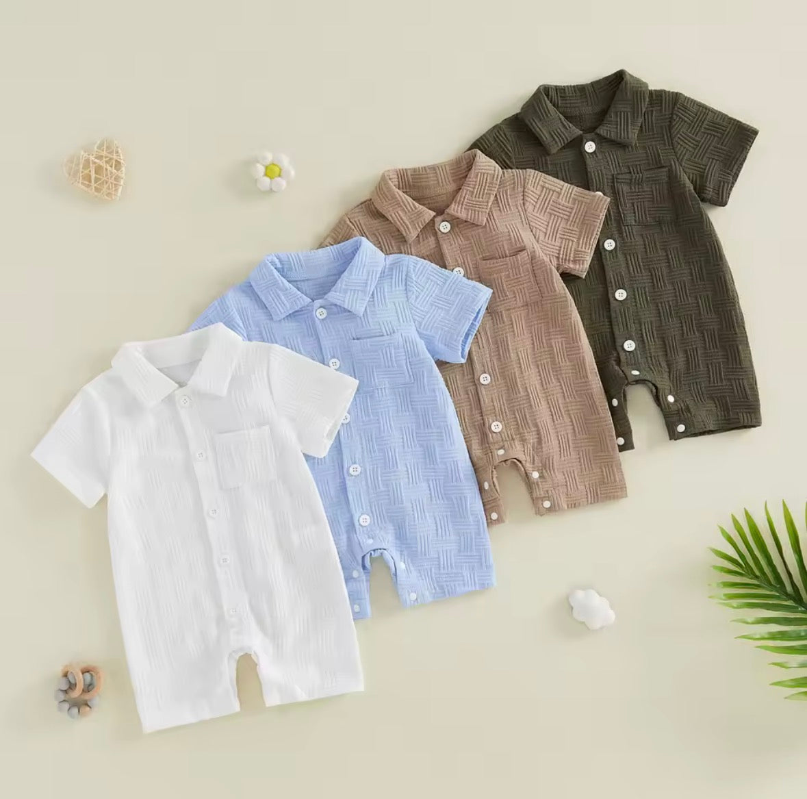 Baby Toddler Boys Lapel Button Front Romper. 4 Colours 3-18M