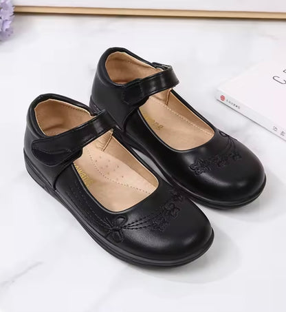 Kids Girls Black Velcro Strap School Shoes. 2 Variations Uk Junior Size 10-4