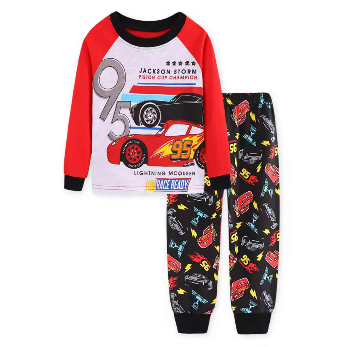 Children's pajama set with race car design on a white background
