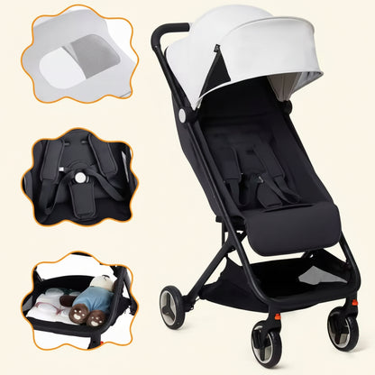 Black baby stroller with safety features and storage basket on a beige background