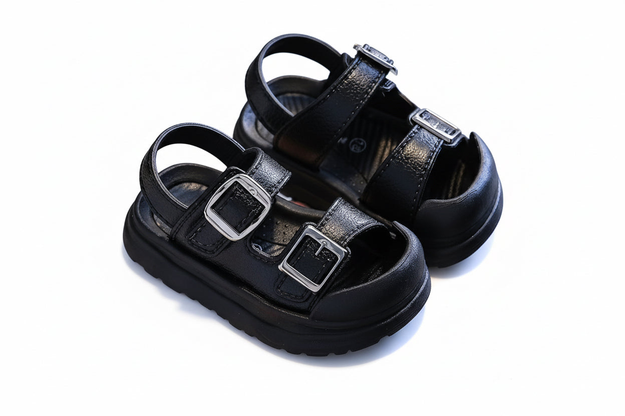 Black sandals with buckles held by a hand against a blurred background