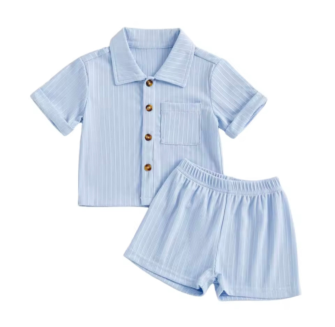 Light blue striped shirt and shorts set on a white background