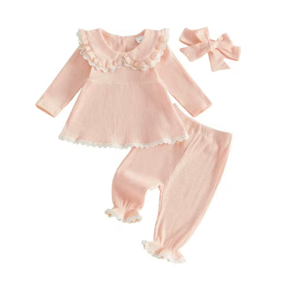 Baby Toddler Girls Ribbed Lace Trim Top Trousers & Headband Set. 3 Colours 6M-3Y