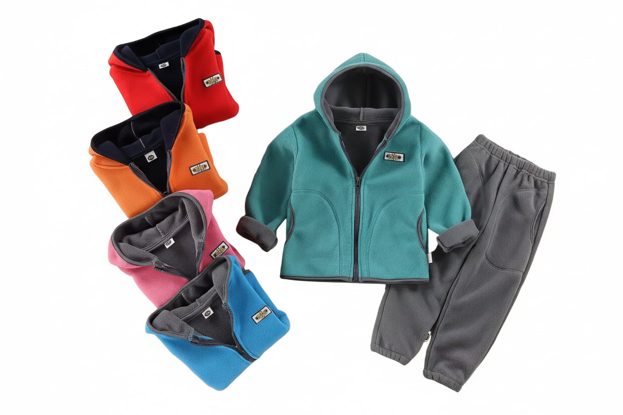 Children's fleece jacket and pants in various colors on a beige surface with a magazine and decorative elements.