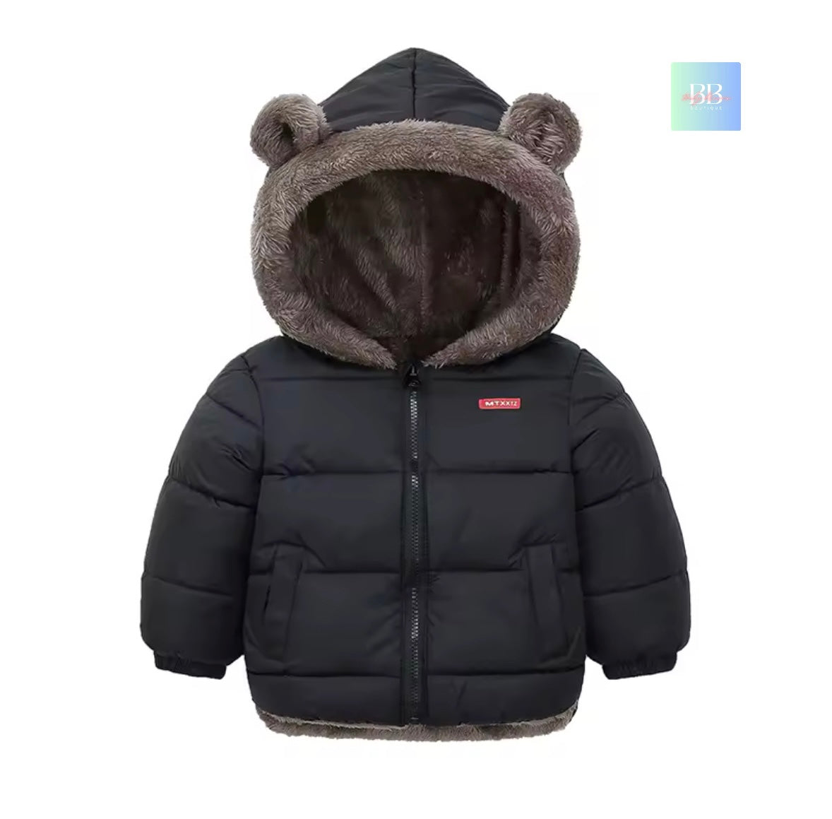 Black children's puffer jacket with bear ears on a white background