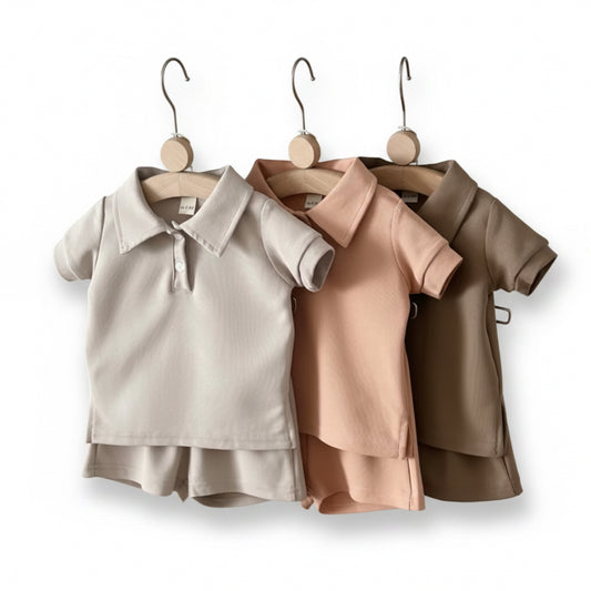 Kids Casual Solid Colour Polo Shirt & Matching Shorts Set. 3 Colours 6M-3Y