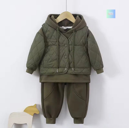 Green quilted jacket and pants set on a white background