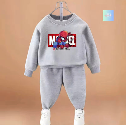 Gray children's sweatshirt and pants set with Spider-Man graphic on a beige background