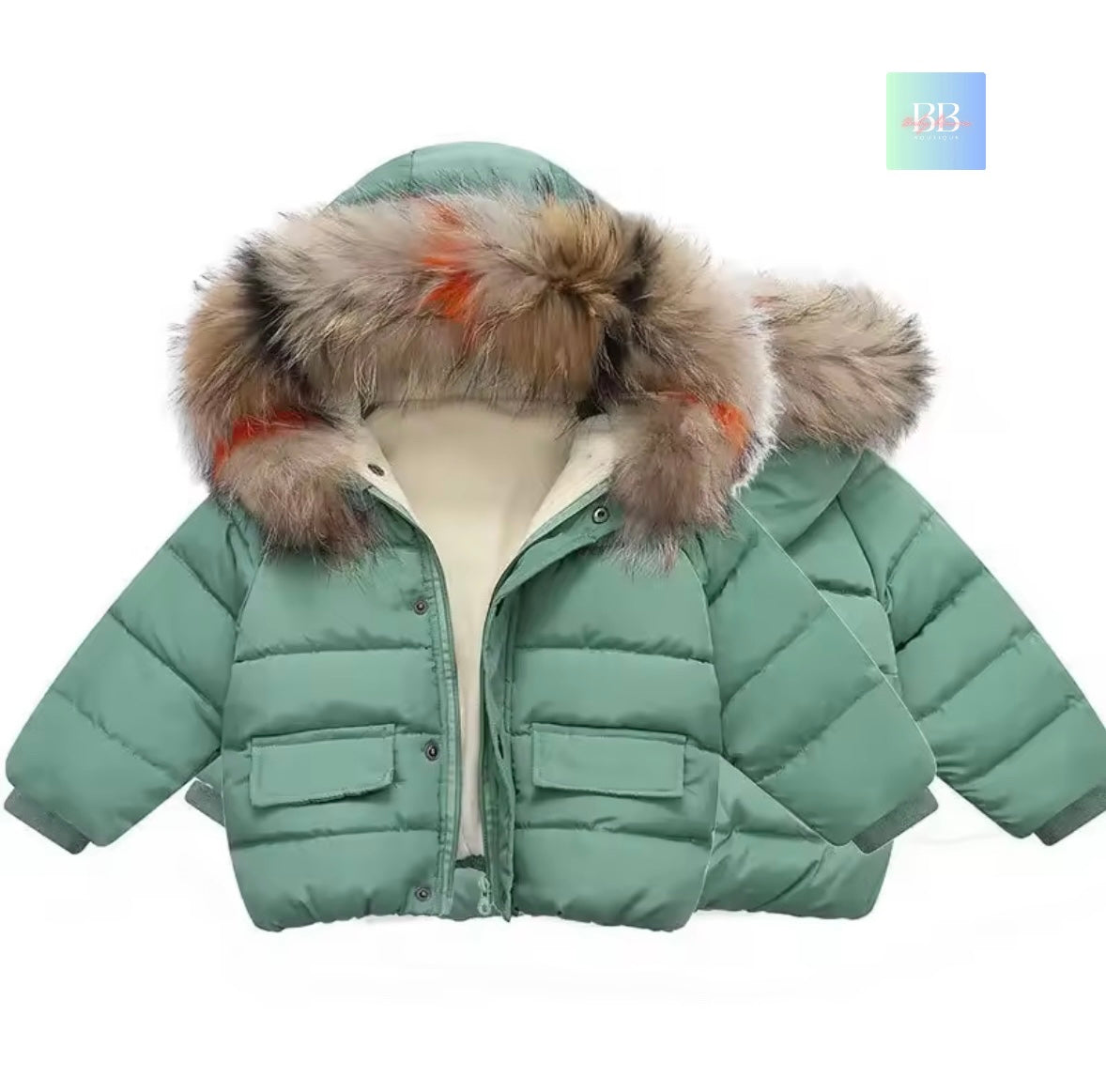Green puffer jacket with fur hood on a white background