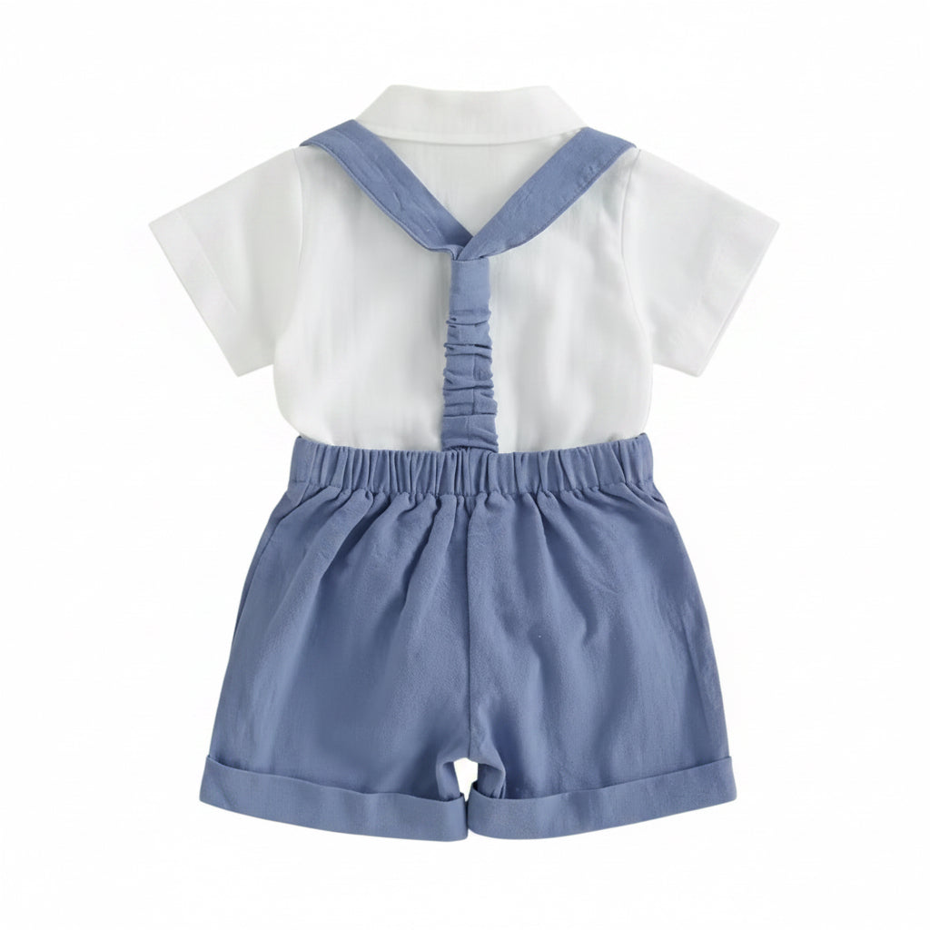 Baby Toddler Boys Romper Shirt with Bow Tie & Dungaree Shorts. 3 Colours 3-24M