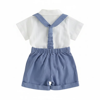 Baby Toddler Boys Romper Shirt with Bow Tie & Dungaree Shorts. 3 Colours 3-24M
