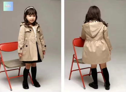 Child wearing a beige trench coat sitting on a red chair, shown from front and back views.