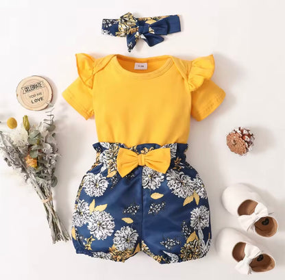 Baby Toddler Romper Floral Shorts & Floral Headband. 0-18M