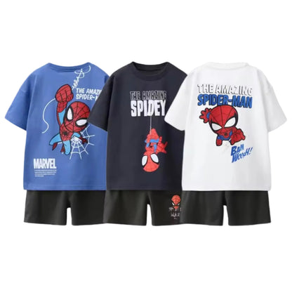 Three Spider-Man t-shirts and shorts set on a white background