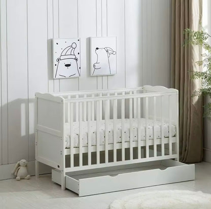 Baby Toddler Wooden Cot Bed with Waterproof Mattress & Drawer Colour Grey