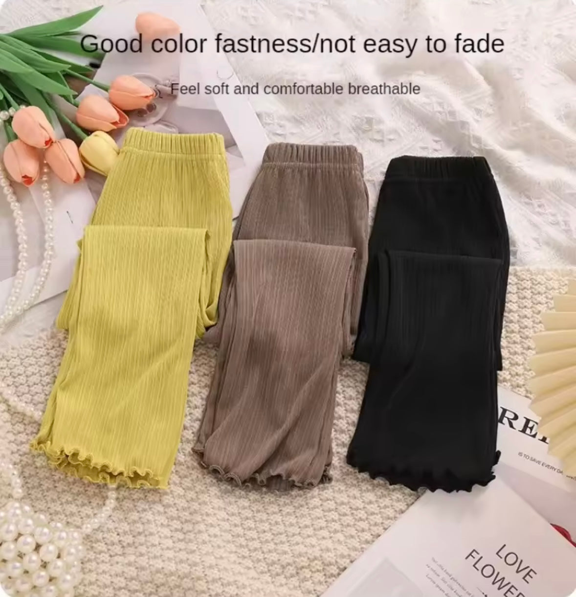 Kids Girls Casual Ribbed Loose Fit Flare Trousers. 5 Colours 12M-10Y