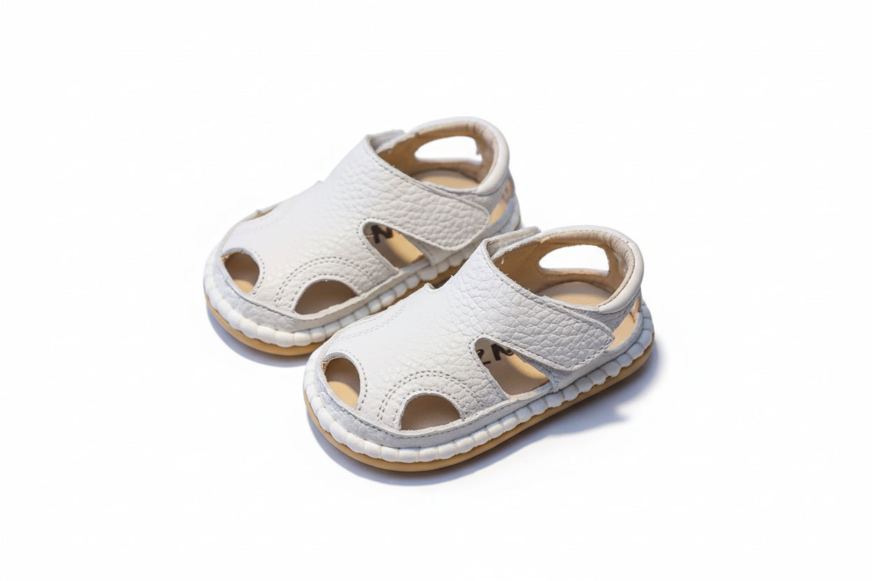 White children's sandals on a brown surface