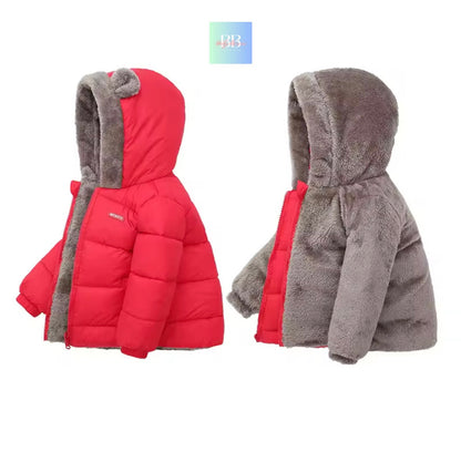 Red and gray children's puffer jackets with fur-lined hood on a white background