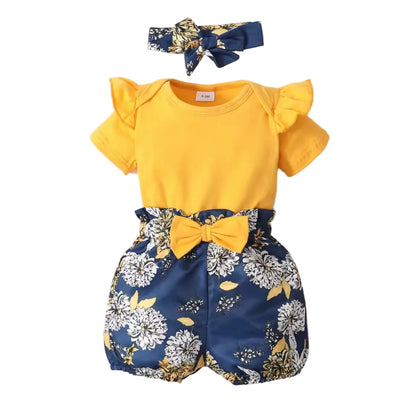 Baby Toddler Romper Floral Shorts & Floral Headband. 0-18M