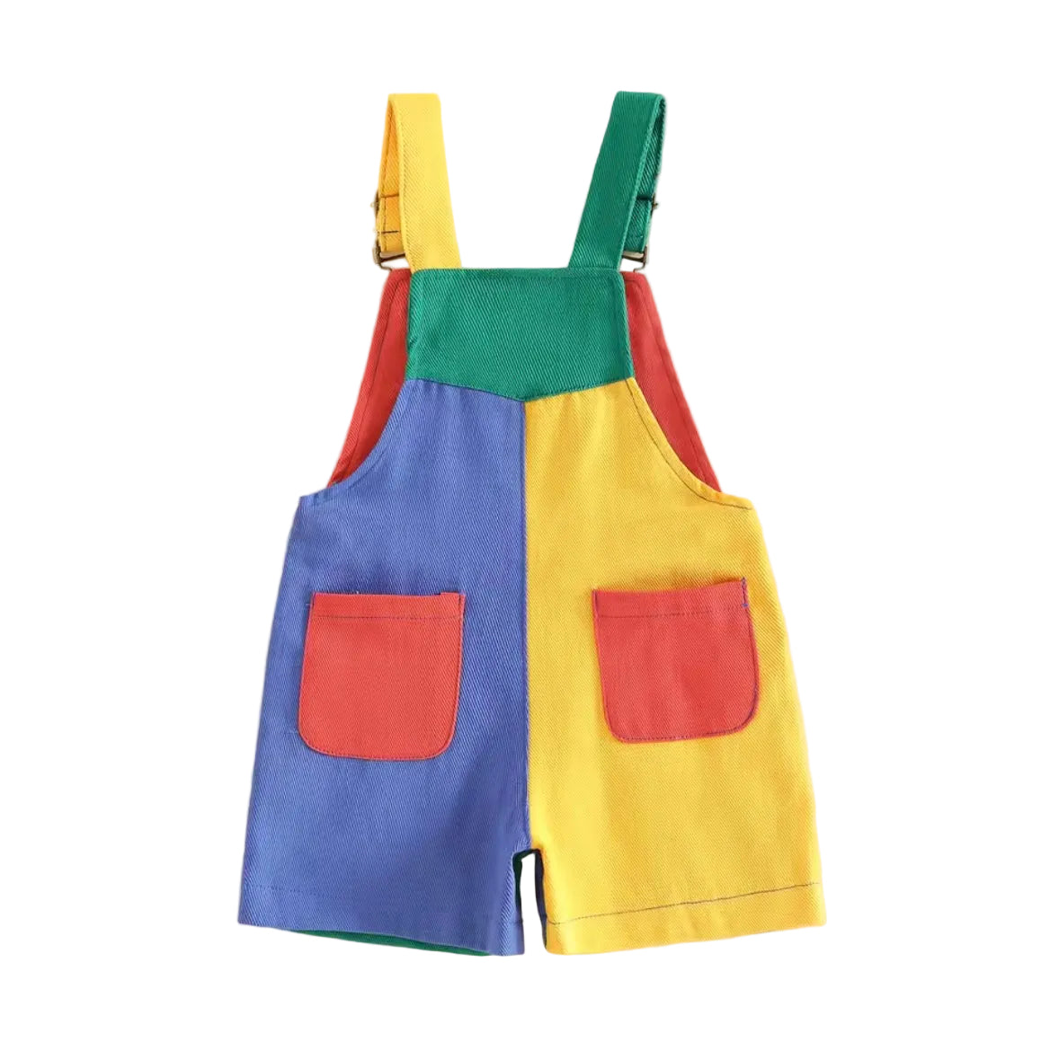 Kids Unisex Patchwork Dungaree Shorts. 6 Colours 12M-4Y