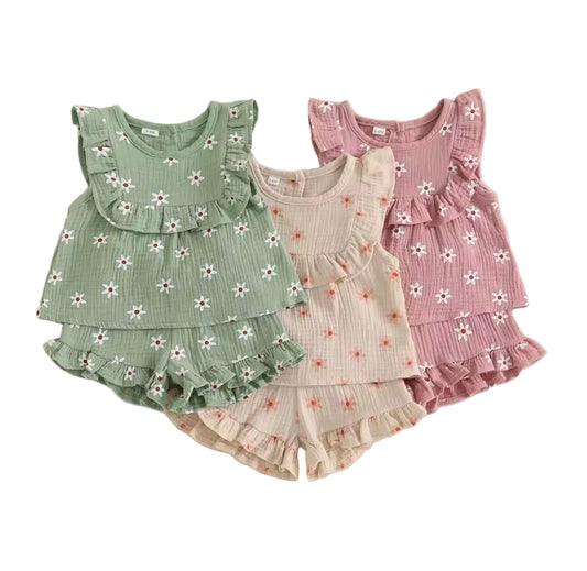 Baby Toddler Floral Muslin Sleeveless Top & Matching Shorts Set. 3 Colours 6M-4Y