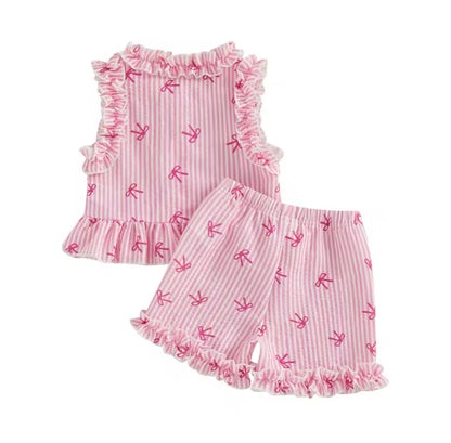 Kids Girls Lightweight Ruffle Pinstripe Vest Top & Shorts Set. 2 Colours 12M-4Y