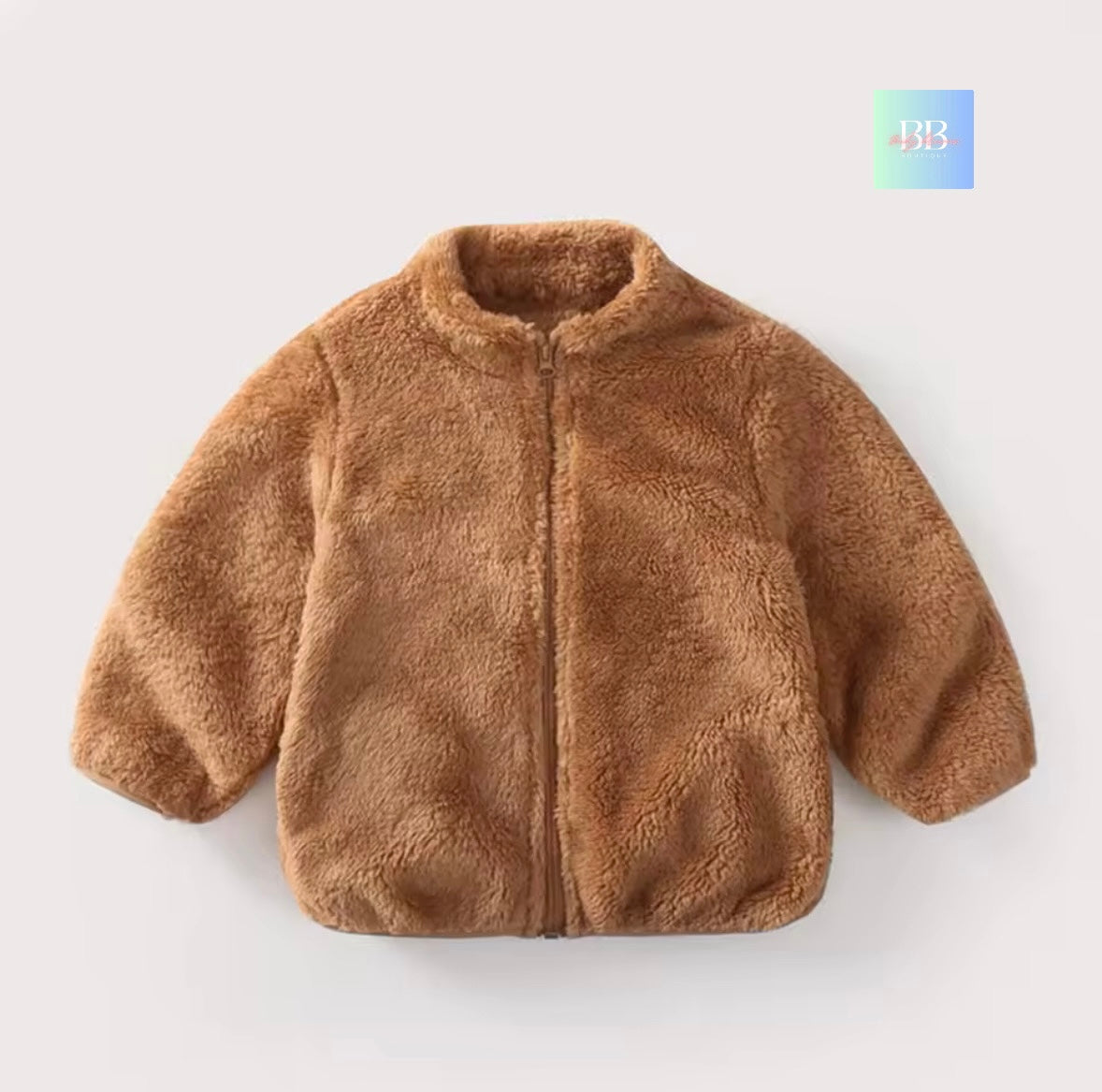 Brown fleece jacket on a light gray background
