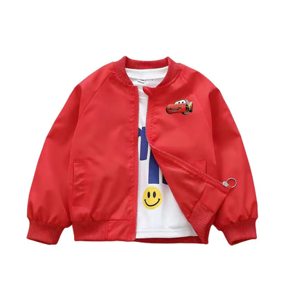 Red jacket with cartoon car and smiley face design on a white background