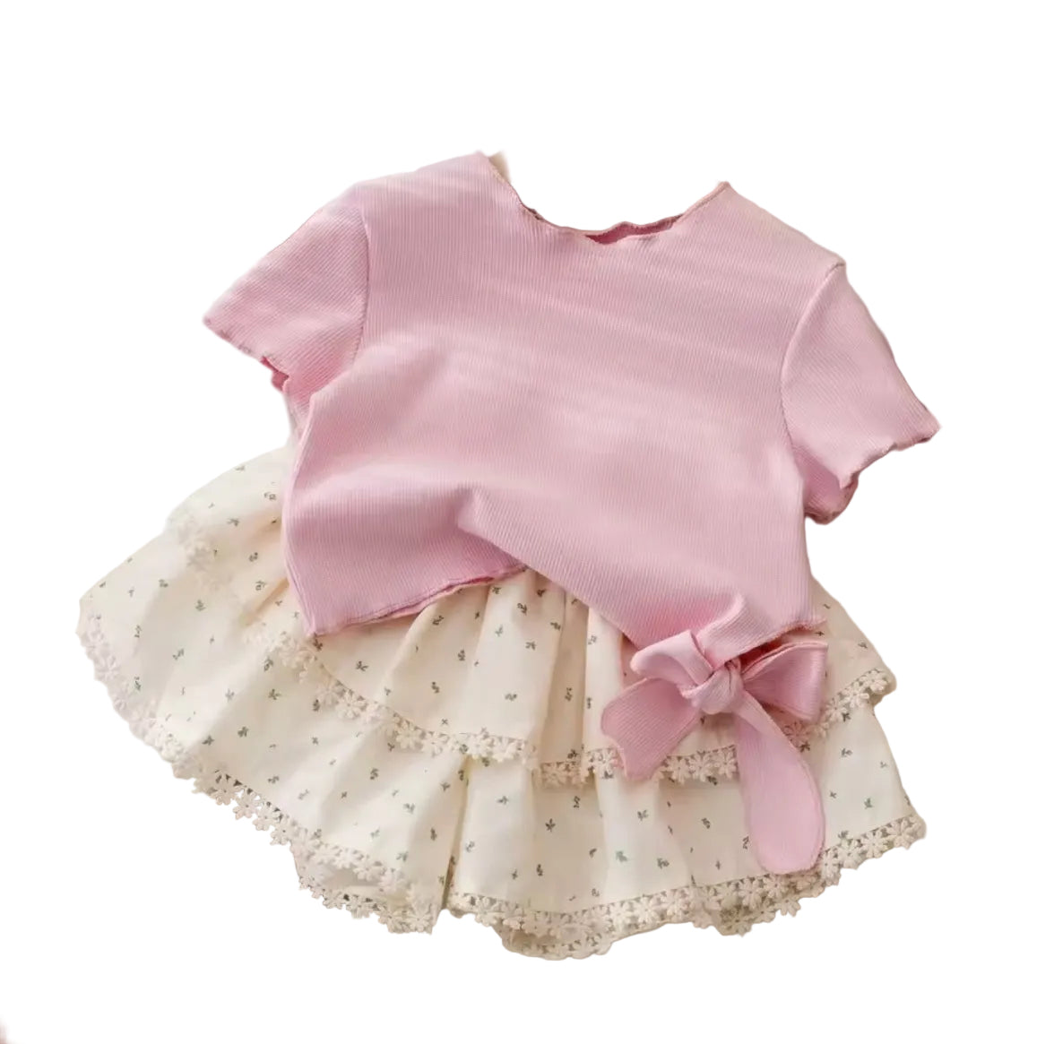 Kids Girls Ribbed Short Sleeve Top & Floral Loose Fit Shorts Set. 12M-6Y
