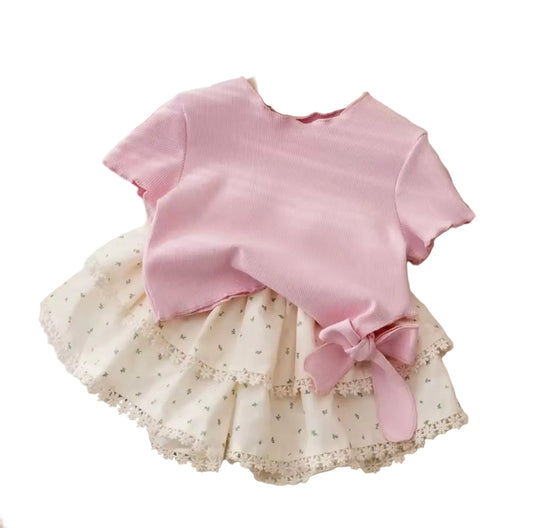 Kids Girls Ribbed Short Sleeve Top & Floral Loose Fit Shorts Set. 12M-6Y