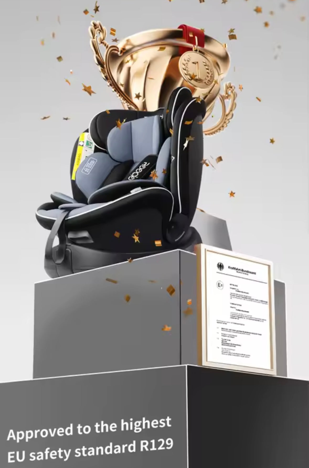 Child car seat with a gold trophy and certification on a gray background
