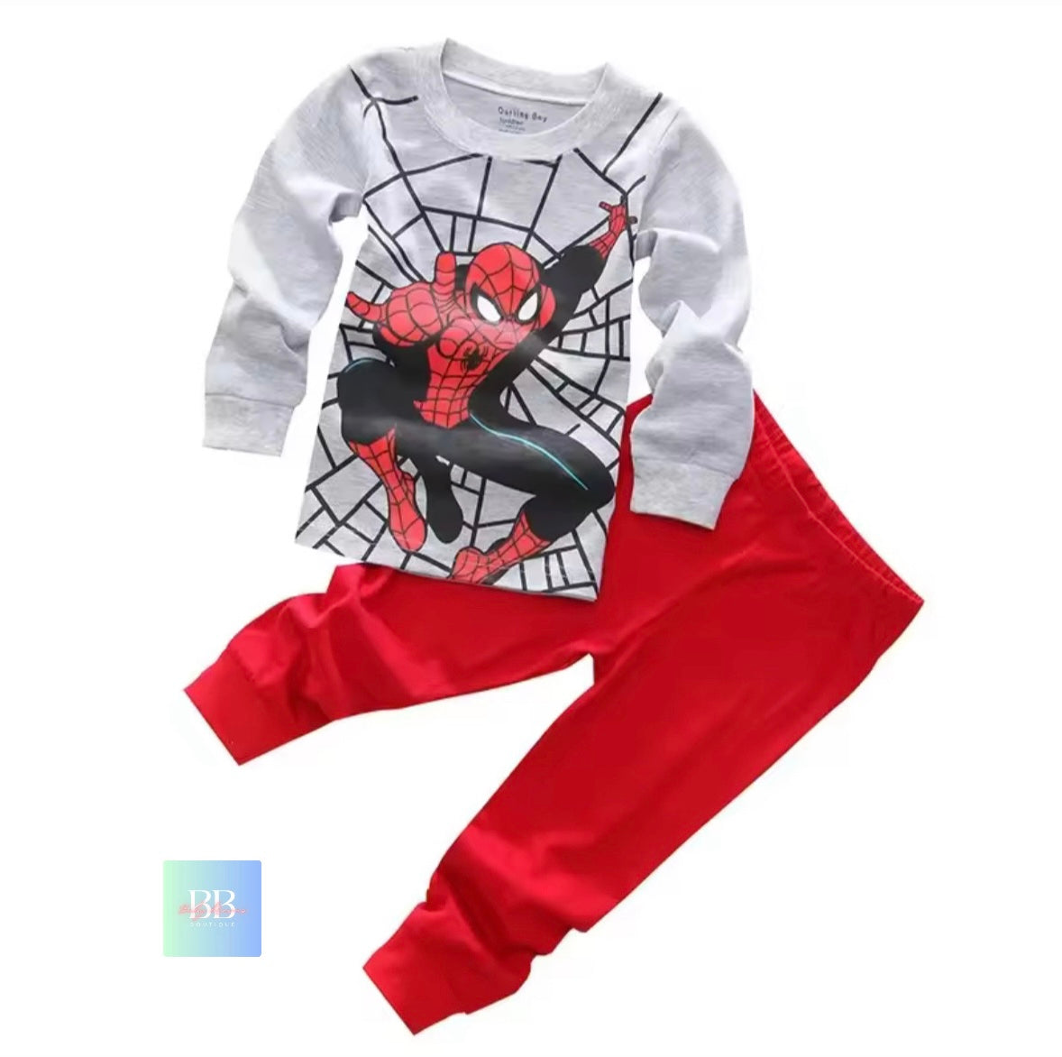 Children's outfit with Spider-Man design on a white background