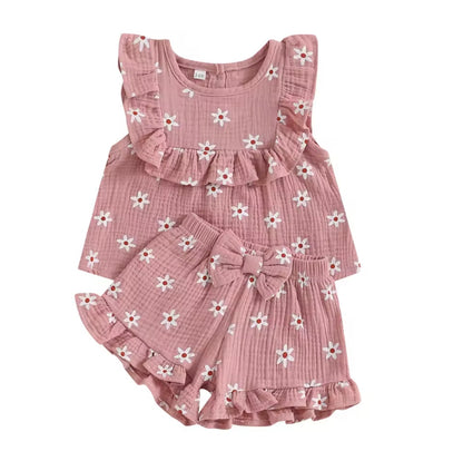 Baby Toddler Floral Muslin Sleeveless Top & Matching Shorts Set. 3 Colours 6M-4Y