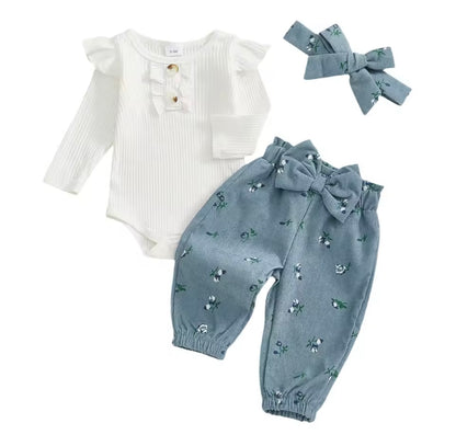 Kids Girls Long Sleeve Romper With Floral Trousers & Headband Set. 3 Colours 1-12M