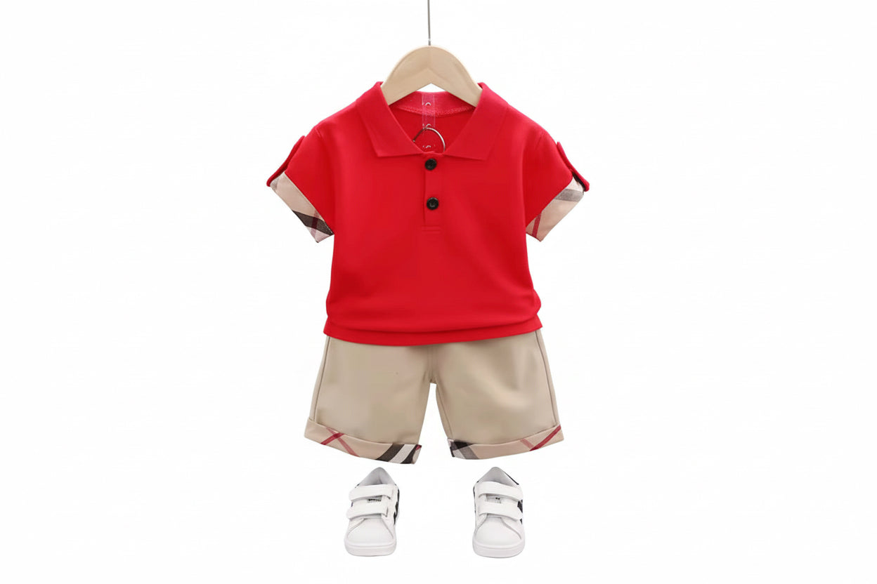 Red polo shirt and beige shorts set on a hanger against a neutral background
