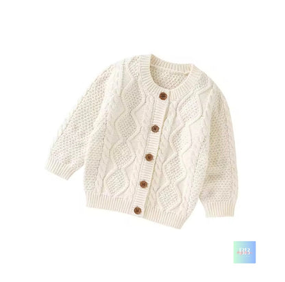 White knitted cardigan with brown buttons on a white background