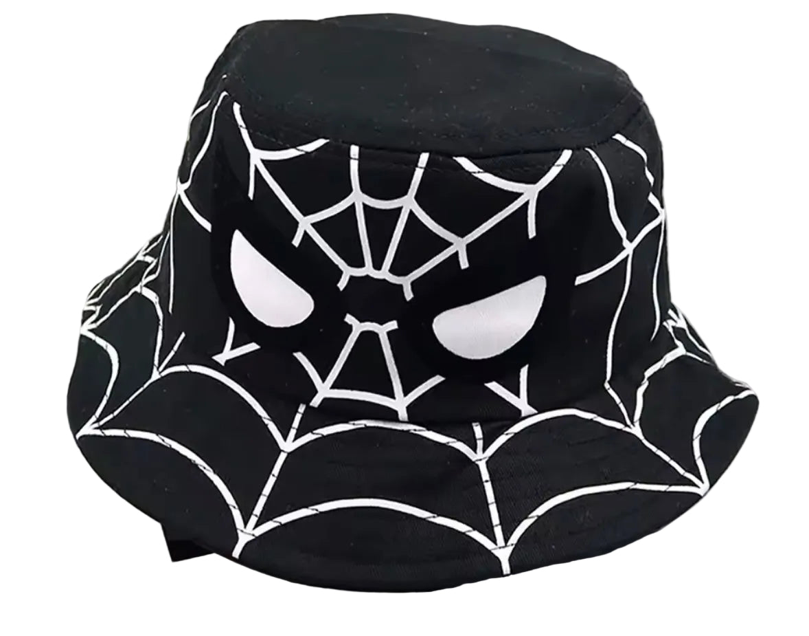 Black bucket hat with white spider web design on a white background