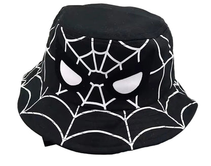 Black bucket hat with white spider web design on a white background