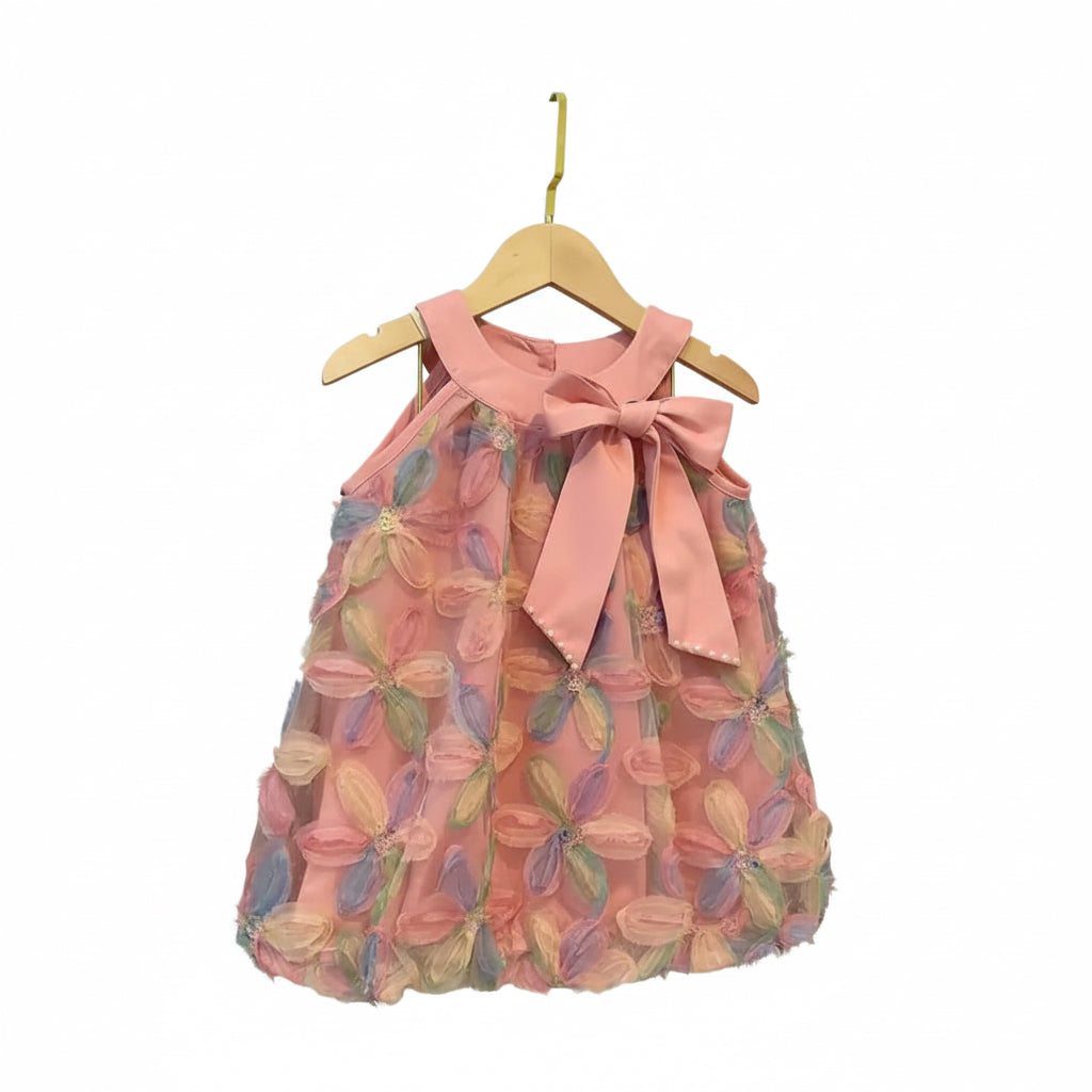 Kids Girls Sleeveless Bowknot Floral Mesh Dress. 2 Colours 3-7Y