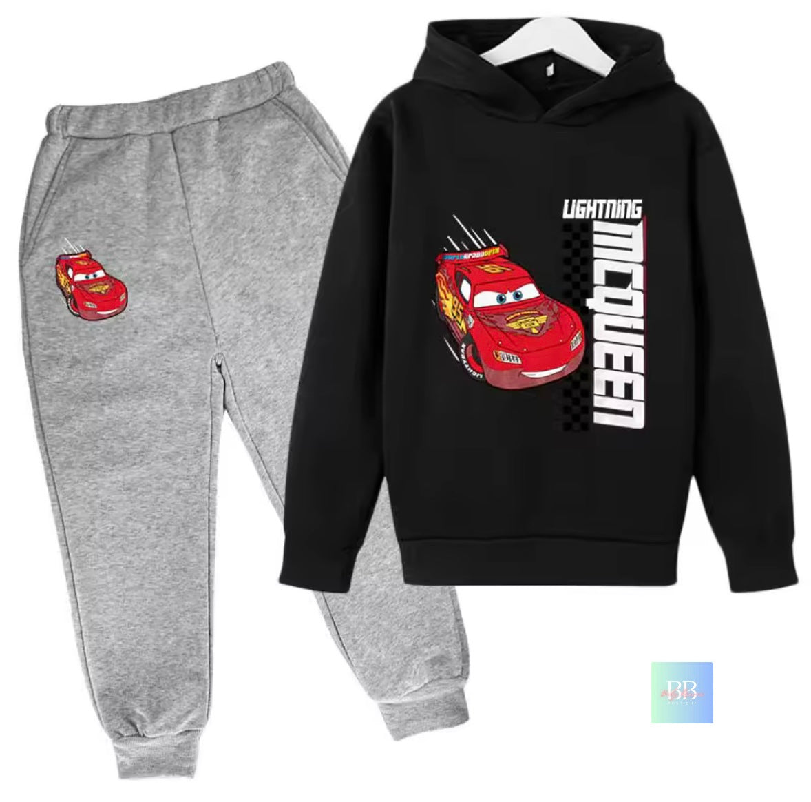 Children's hoodie and pants set with Lightning McQueen design on a white background