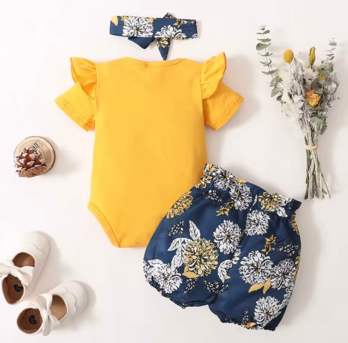 Baby Toddler Romper Floral Shorts & Floral Headband. 0-18M