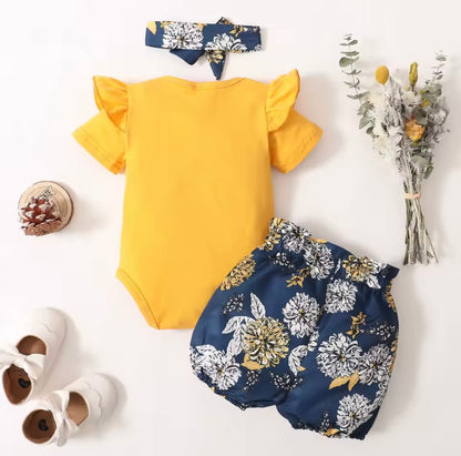 Baby Toddler Romper Floral Shorts & Floral Headband. 0-18M