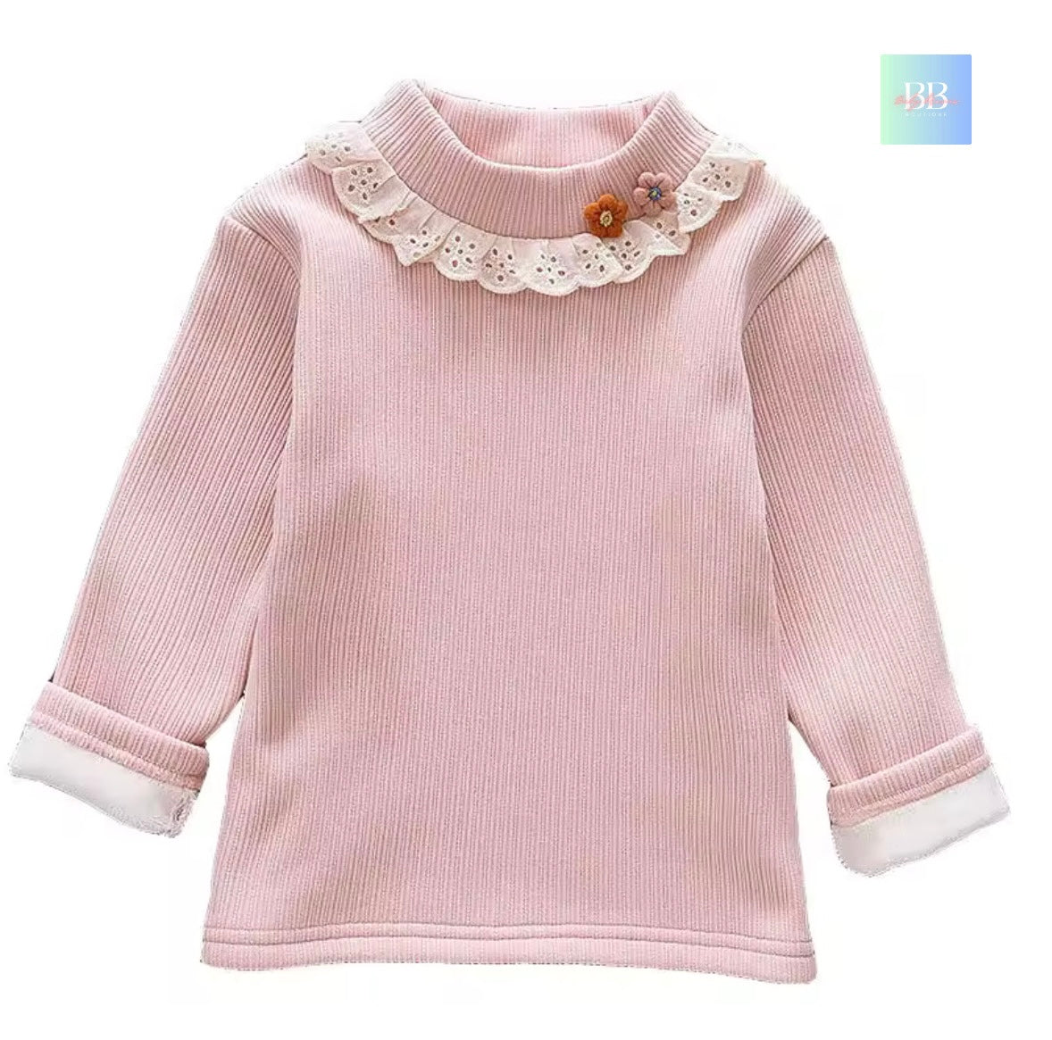 Pink ribbed sweater with lace collar and flower detail on a white background