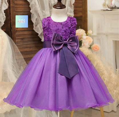 kids Lace Formal Dress with Flower Design, front Bow & Mesh Skirt. 5 colours, 4-10Y.