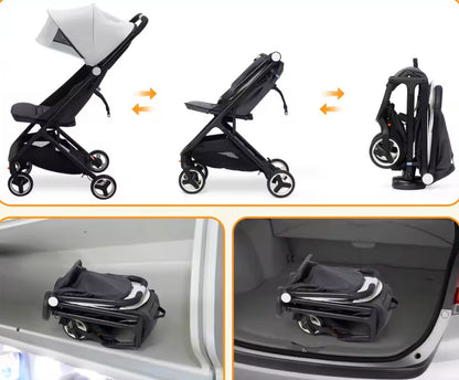 Black baby stroller shown in various positions with arrows indicating transformation steps, and a close-up of the stroller in a car trunk.