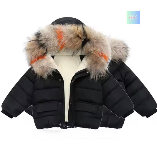 Black puffer jacket with a fur-lined hood on a white background