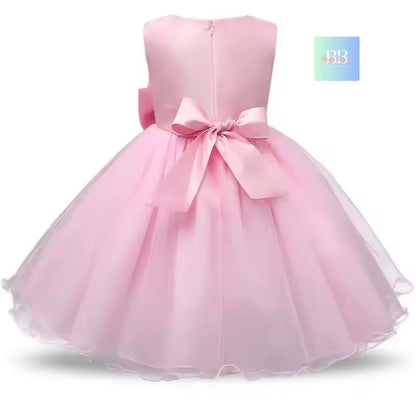 kids Lace Formal Dress with Flower Design, front Bow & Mesh Skirt. 5 colours, 4-10Y.