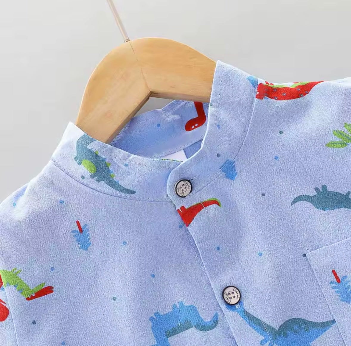 Children's shirt with dinosaur pattern on a wooden hanger against a light gray background