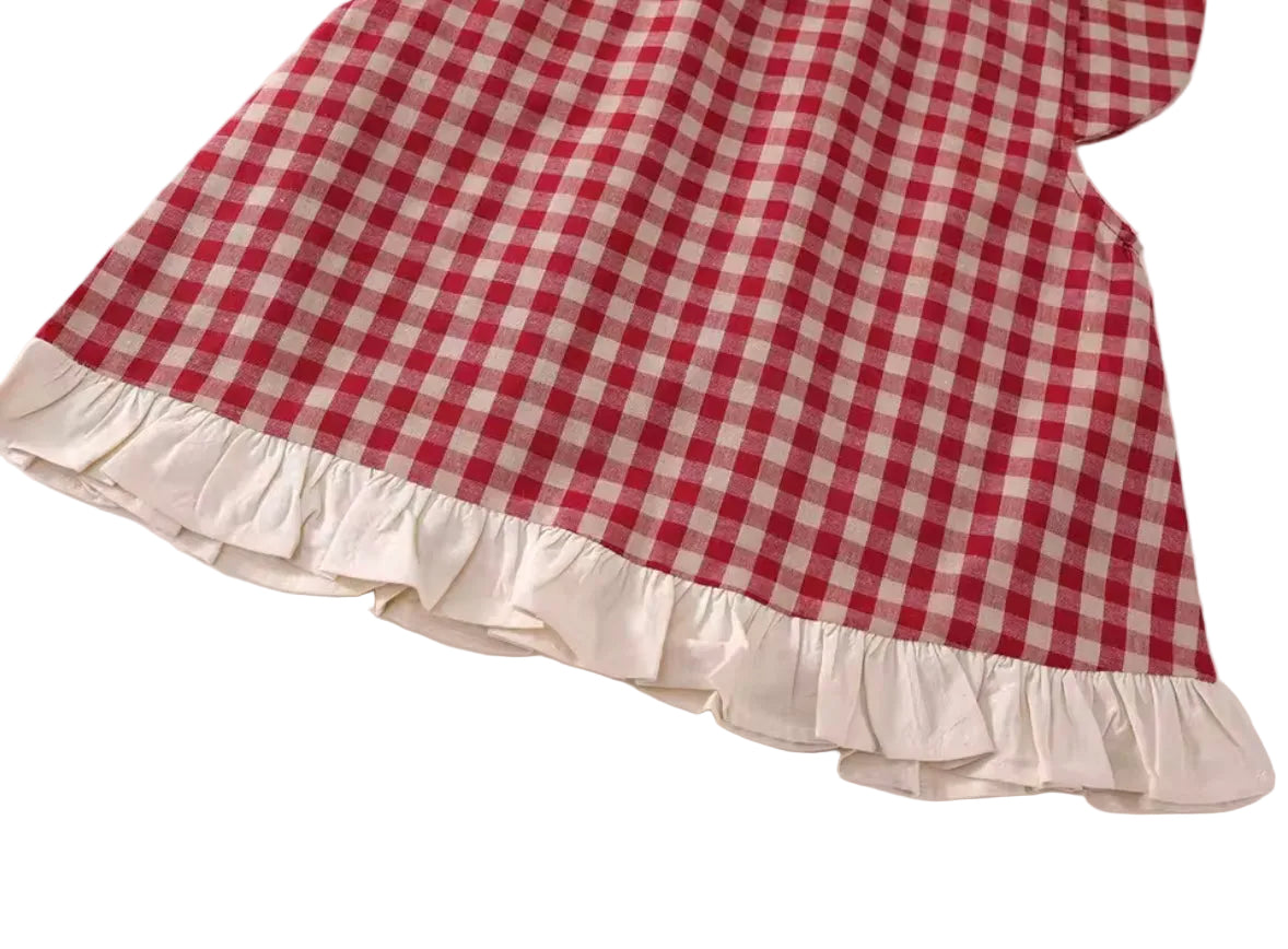 Red and white checkered apron with a ruffled edge on a light background