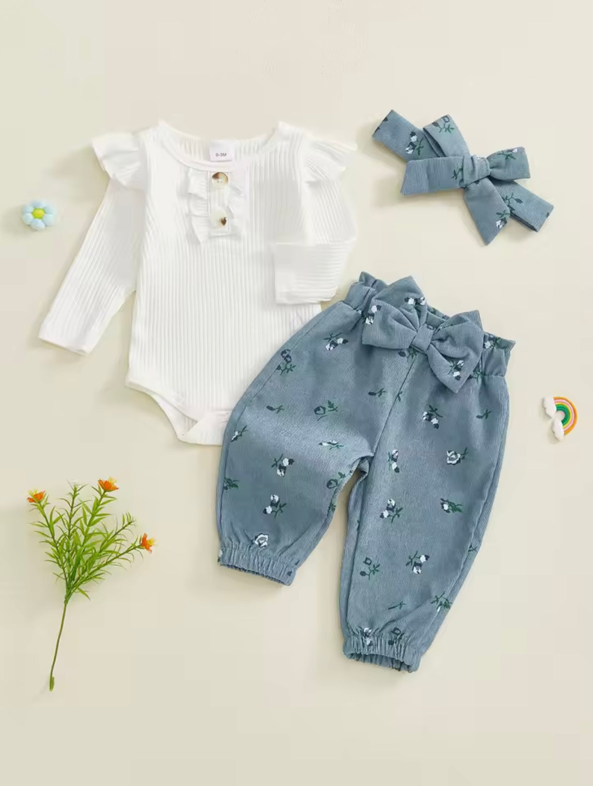 Kids Girls Long Sleeve Romper With Floral Trousers & Headband Set. 3 Colours 1-12M